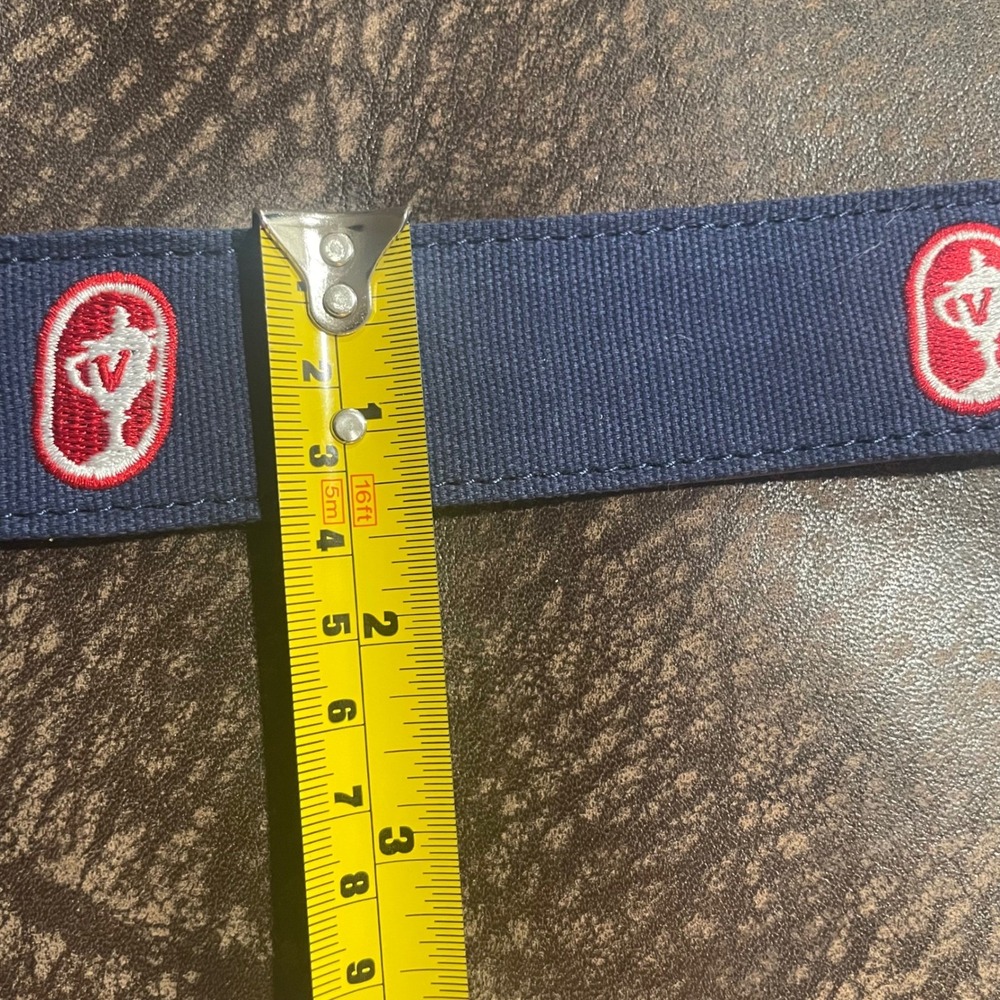 Roostas Mens Navy Blue Embroidered Trophy Crest Canvas Leather Belt Size 38 - Picture 6 of 7